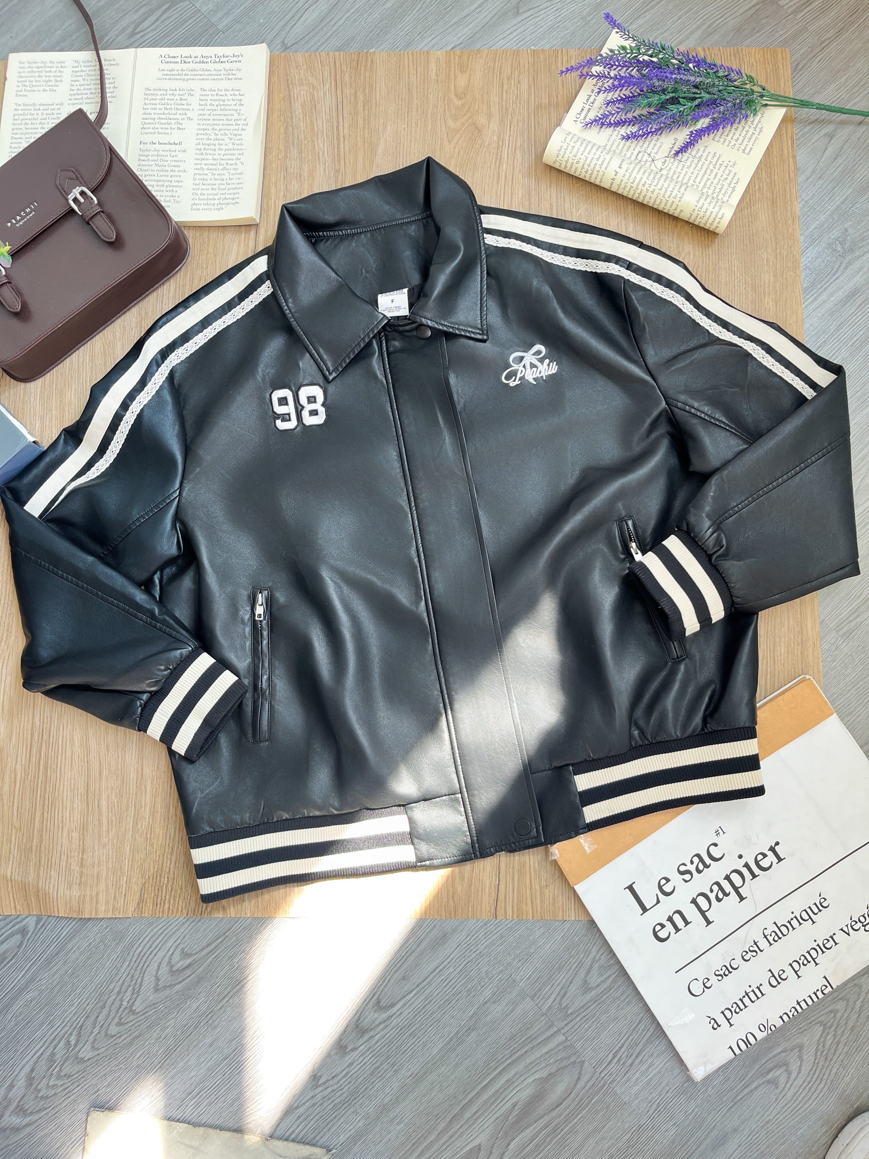 Peachii Varsity Stripe Leather Jacket Black  EA8382