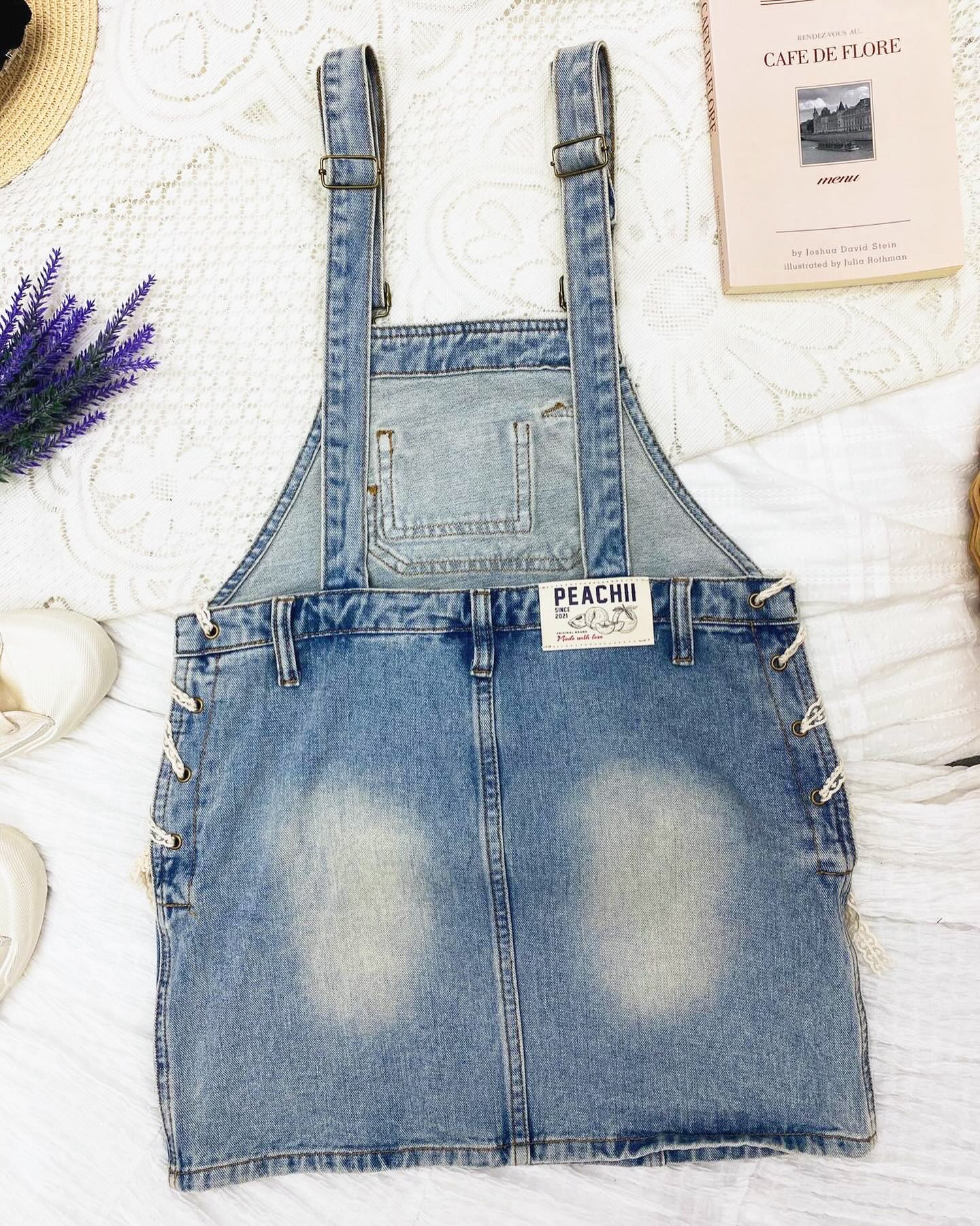 【買一送一】Peachii Laced Stripes Overall Jeans EA6055