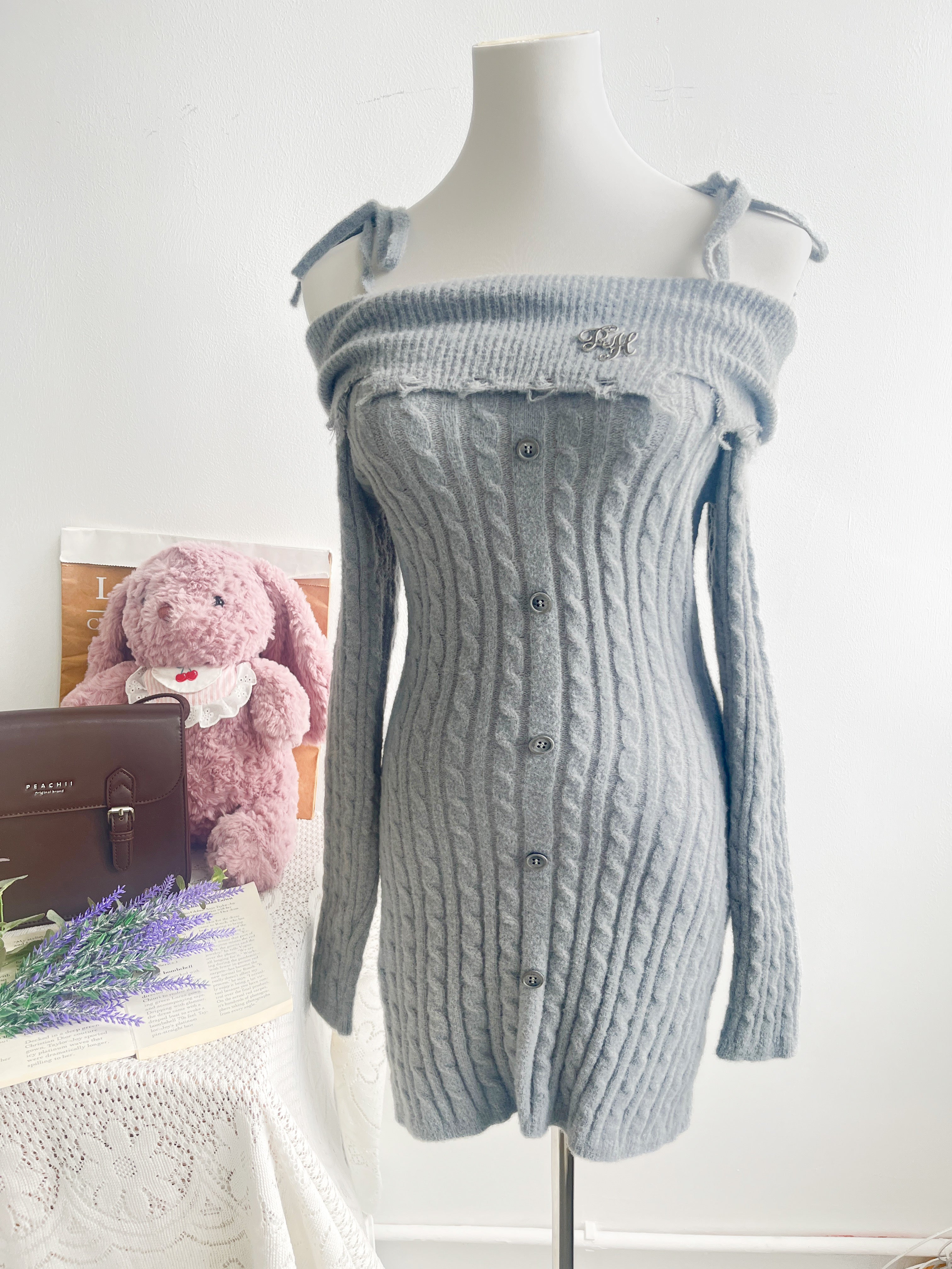 Peachii Knit Overall Dress grey blue EA2413