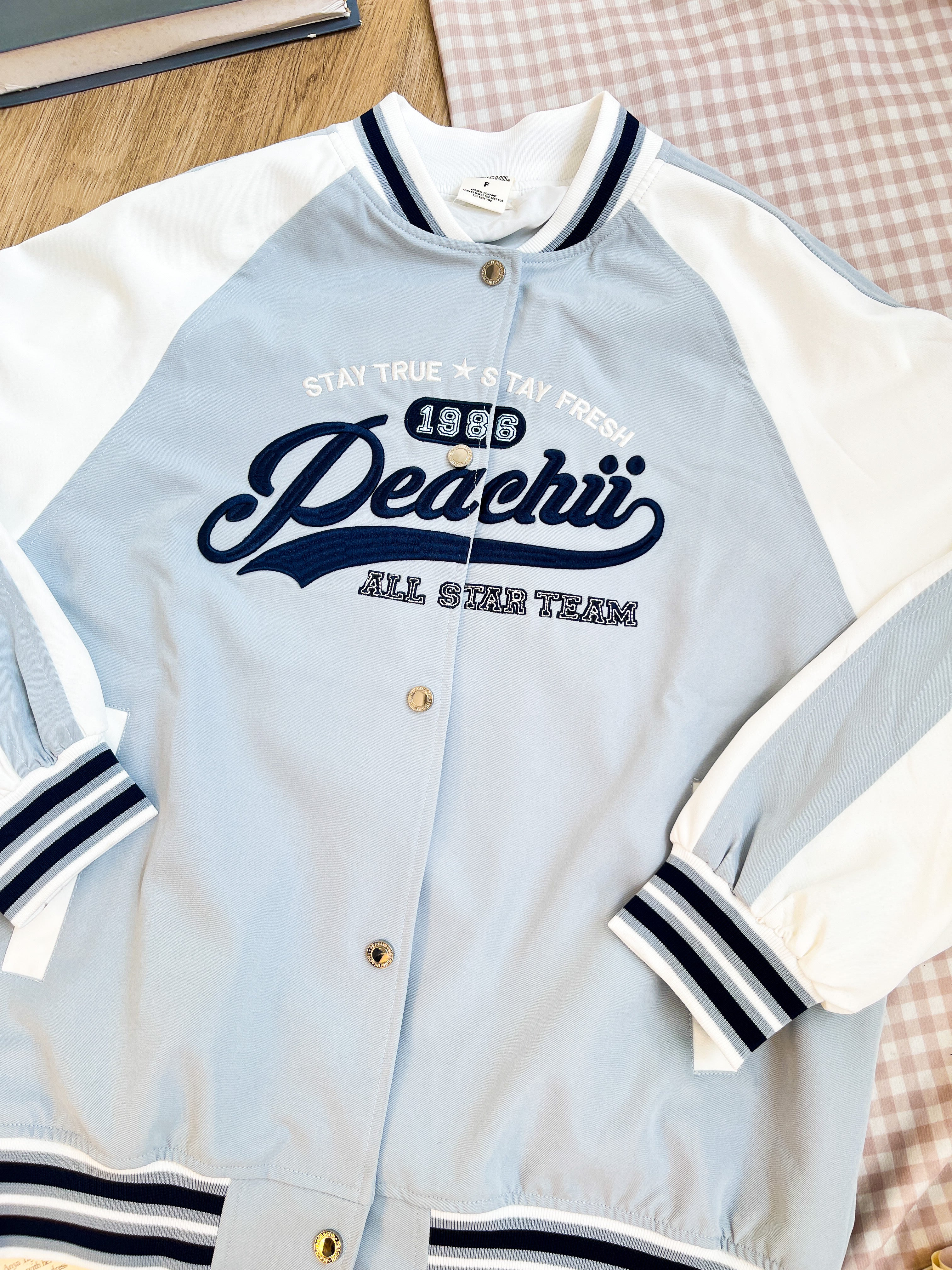 Peachii Baseball Graphic Jacket Light Blue EA8376