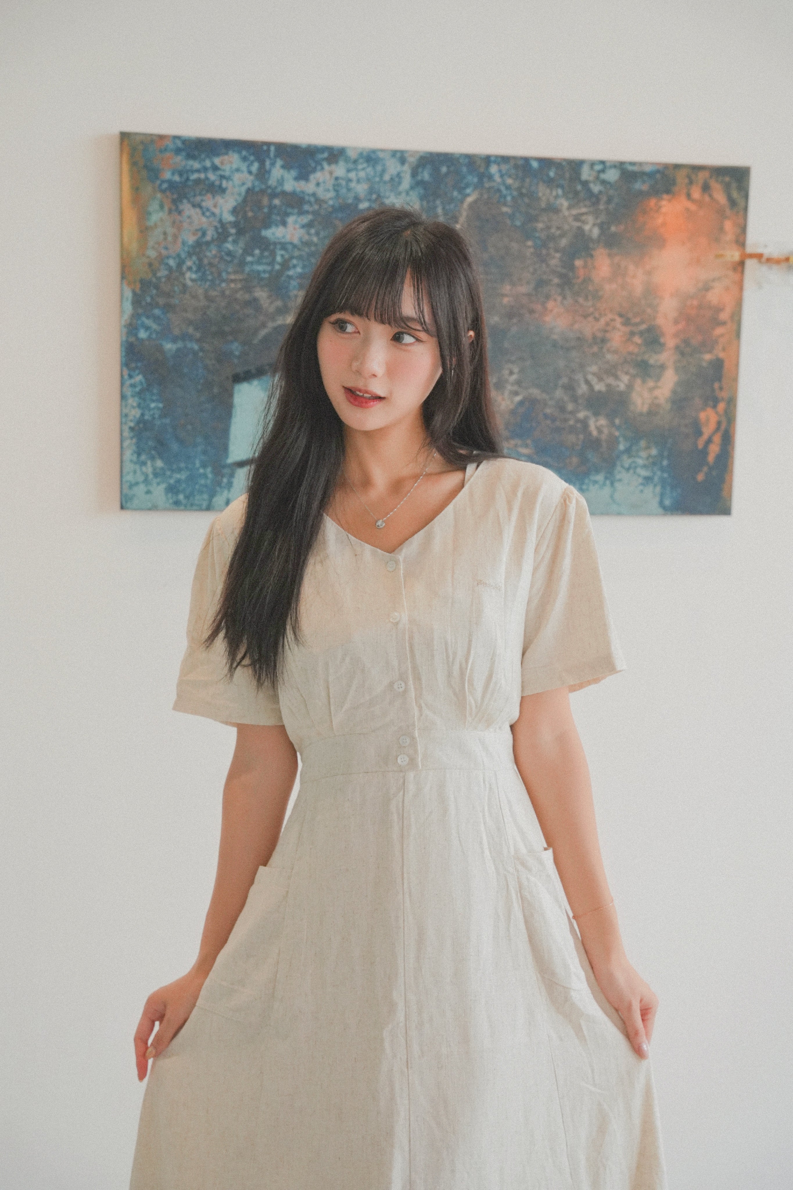 【買一送一】Peachii V-Neck Tie Linen MIDI Dress  EA2379