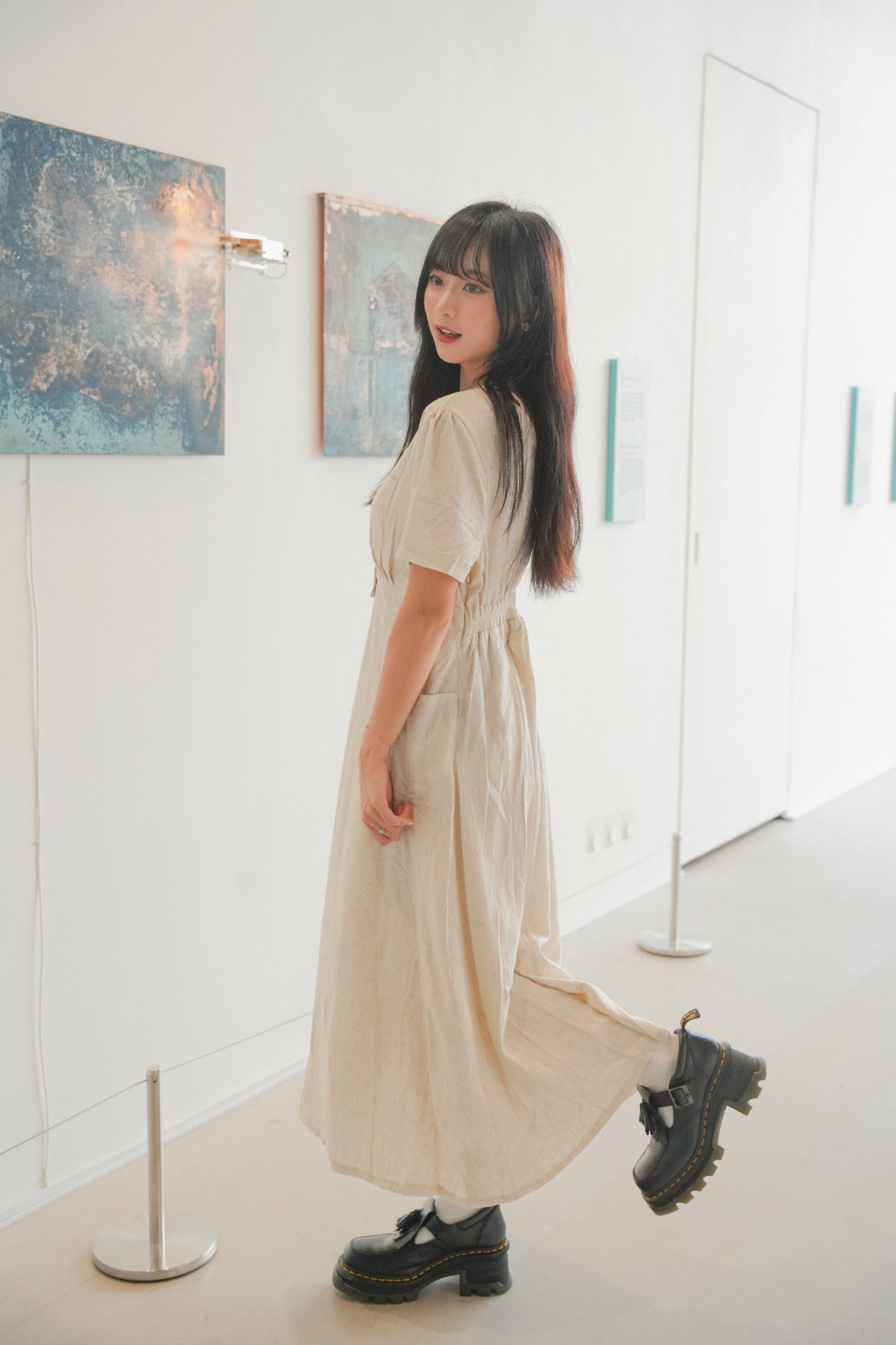 【買一送一】Peachii V-Neck Tie Linen MIDI Dress  EA2379