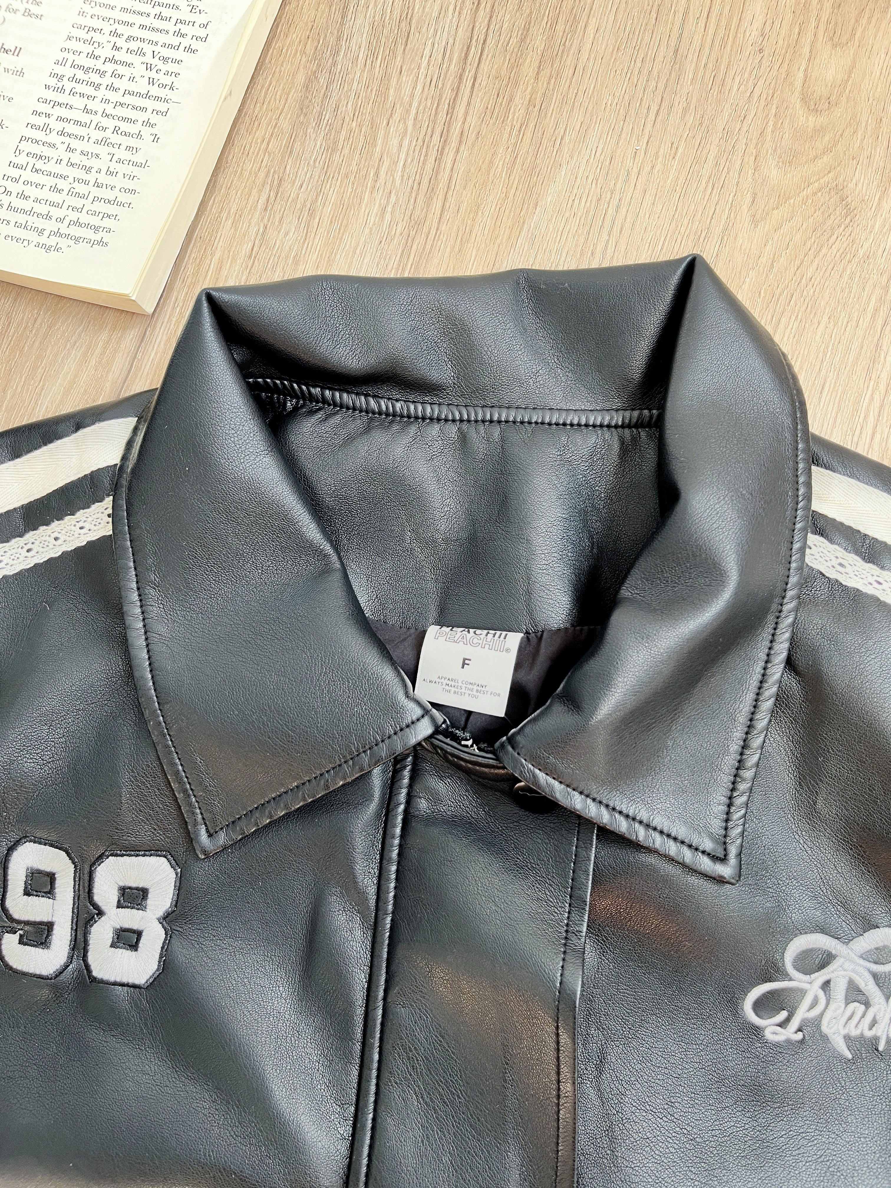 Peachii Varsity Stripe Leather Jacket Black  EA8382