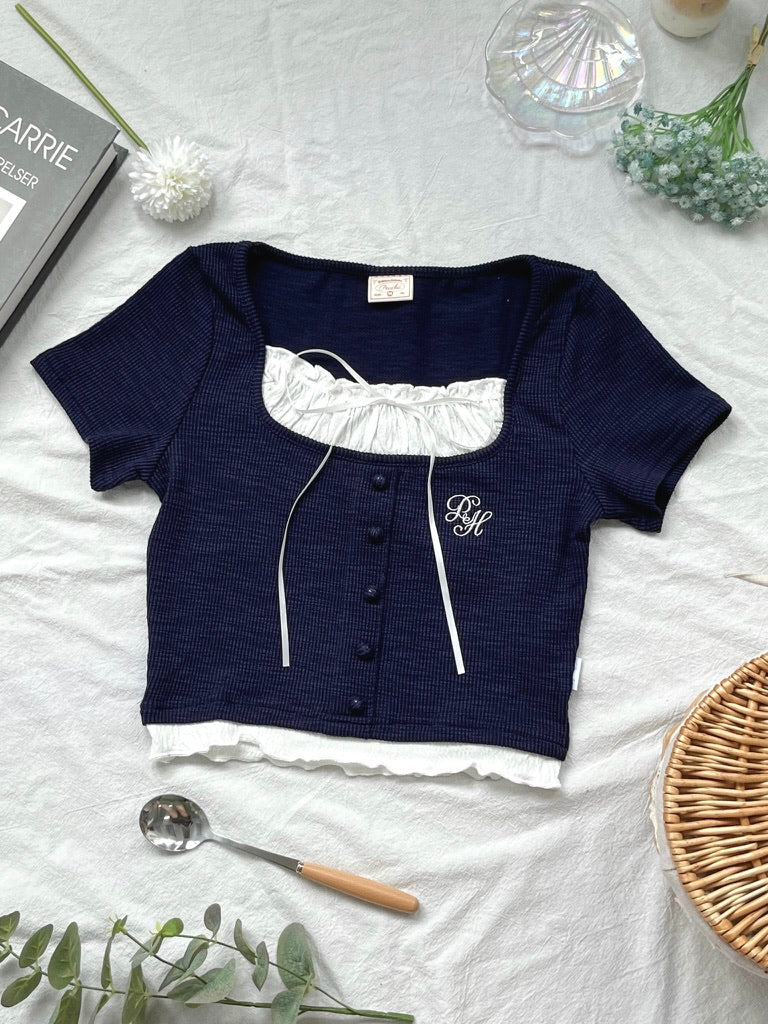 Peachii Laced Puff Sleeves Top Navy EA1238