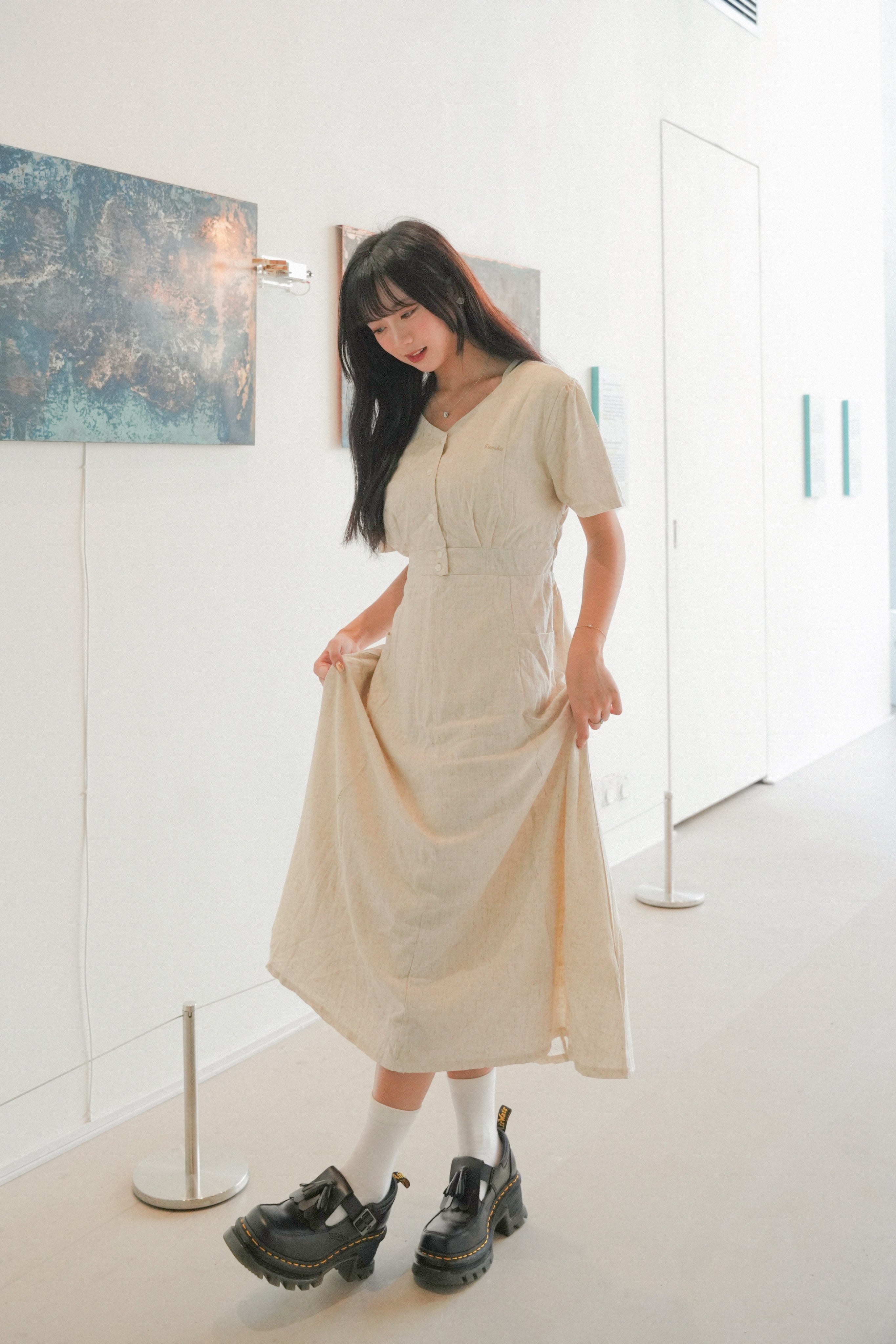 【買一送一】Peachii V-Neck Tie Linen MIDI Dress  EA2379