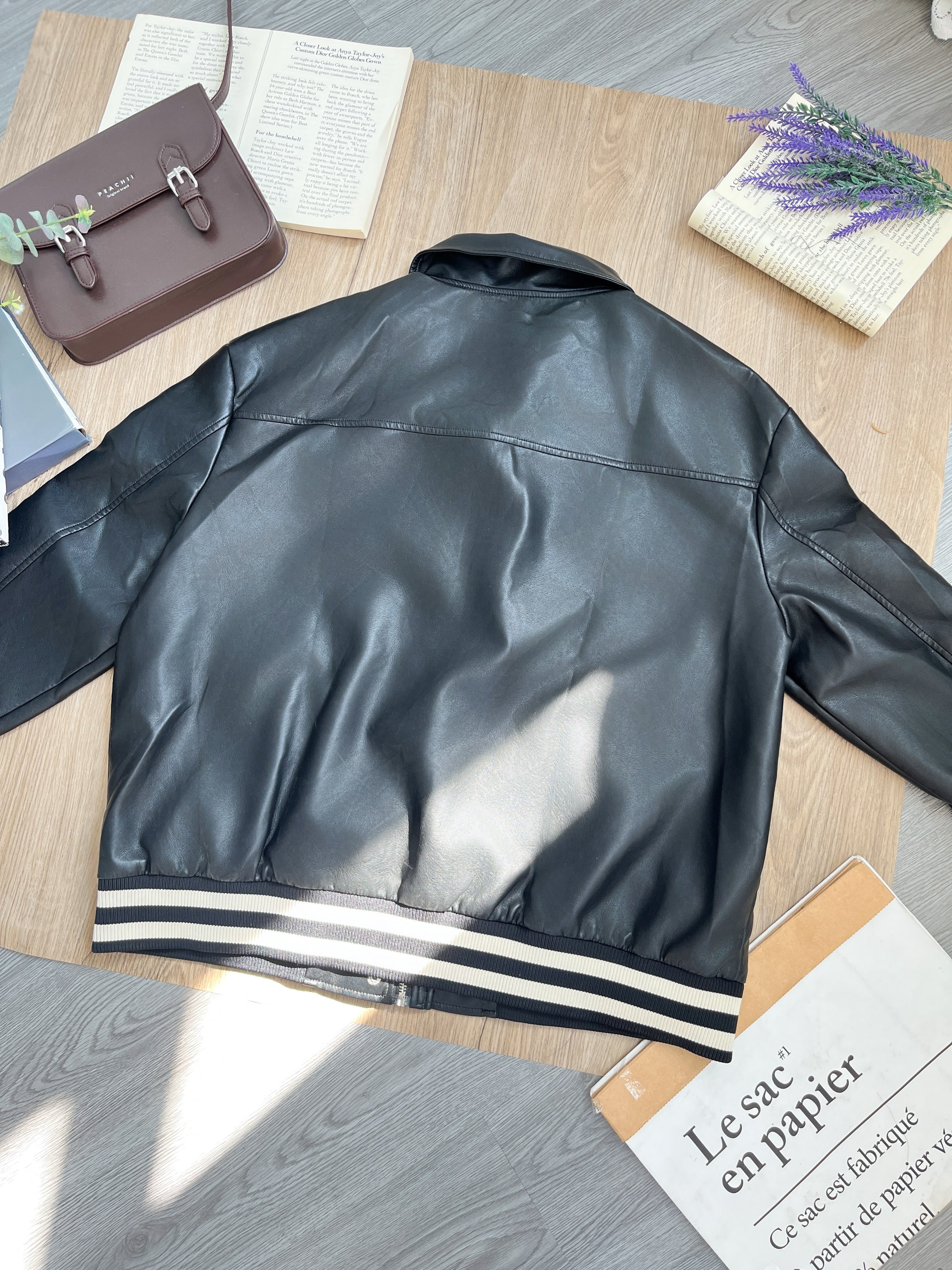 Peachii Varsity Stripe Leather Jacket Black  EA8382