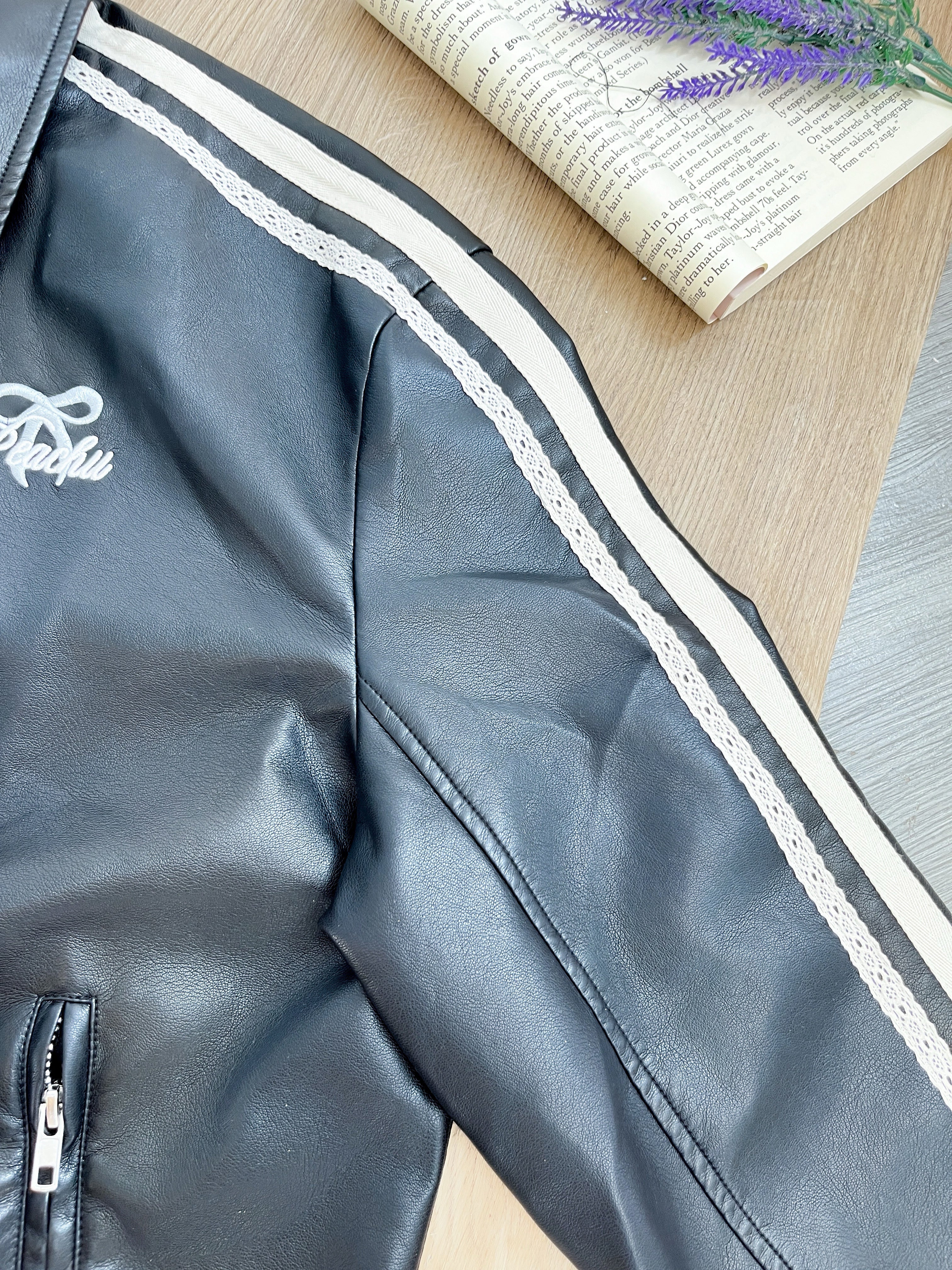 Peachii Varsity Stripe Leather Jacket Black  EA8382