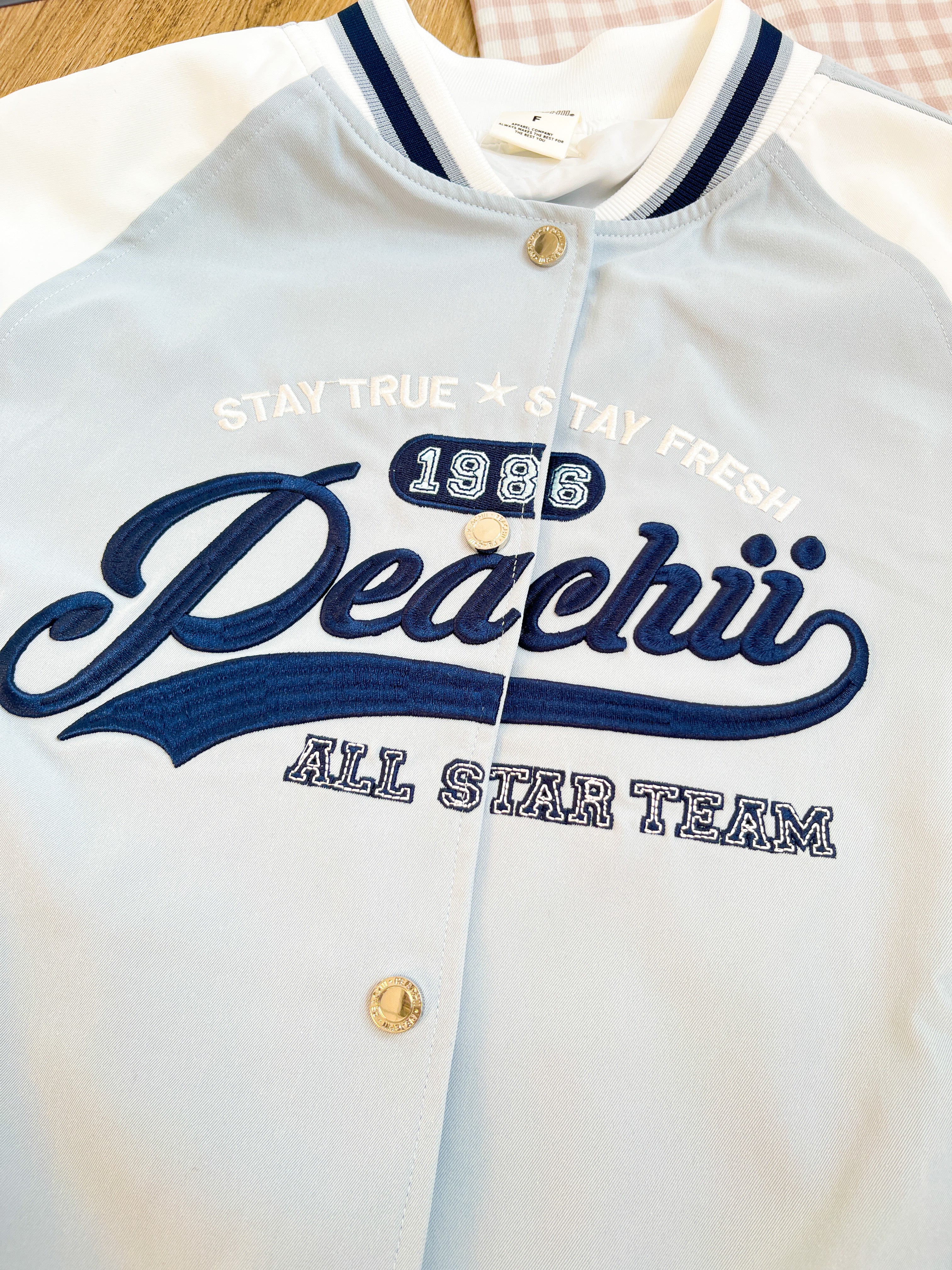 Peachii Baseball Graphic Jacket Light Blue EA8376