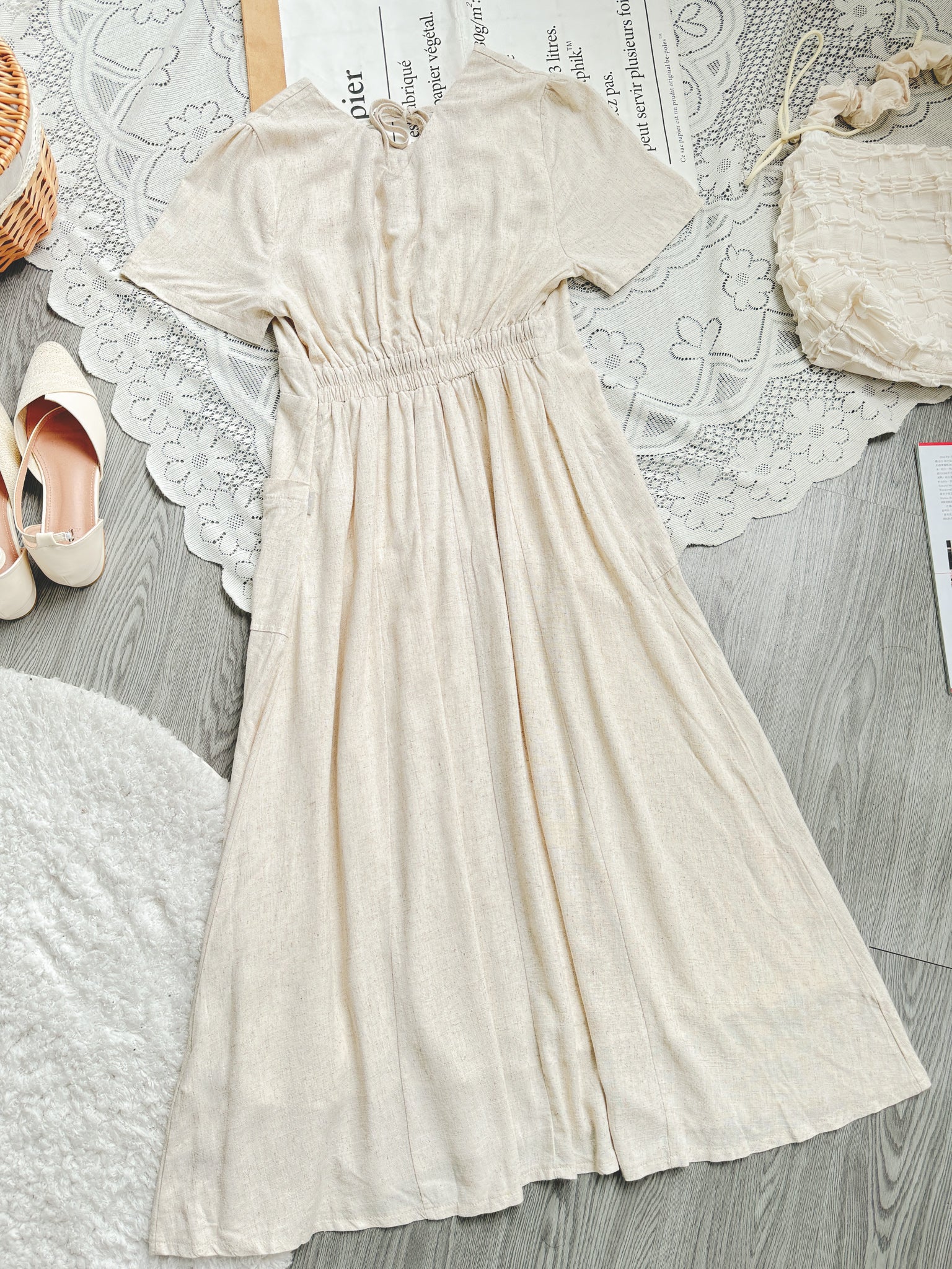 【買一送一】Peachii V-Neck Tie Linen MIDI Dress  EA2379