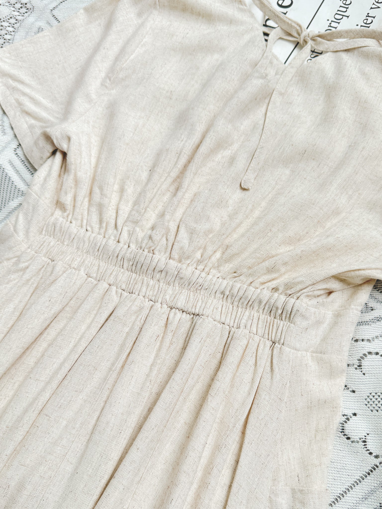 【買一送一】Peachii V-Neck Tie Linen MIDI Dress  EA2379