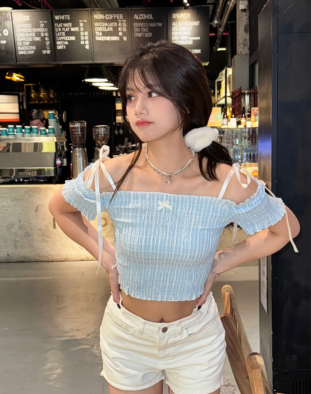 【買一送一】Peachii Shirred With Lace Top  Light Blue EA1260