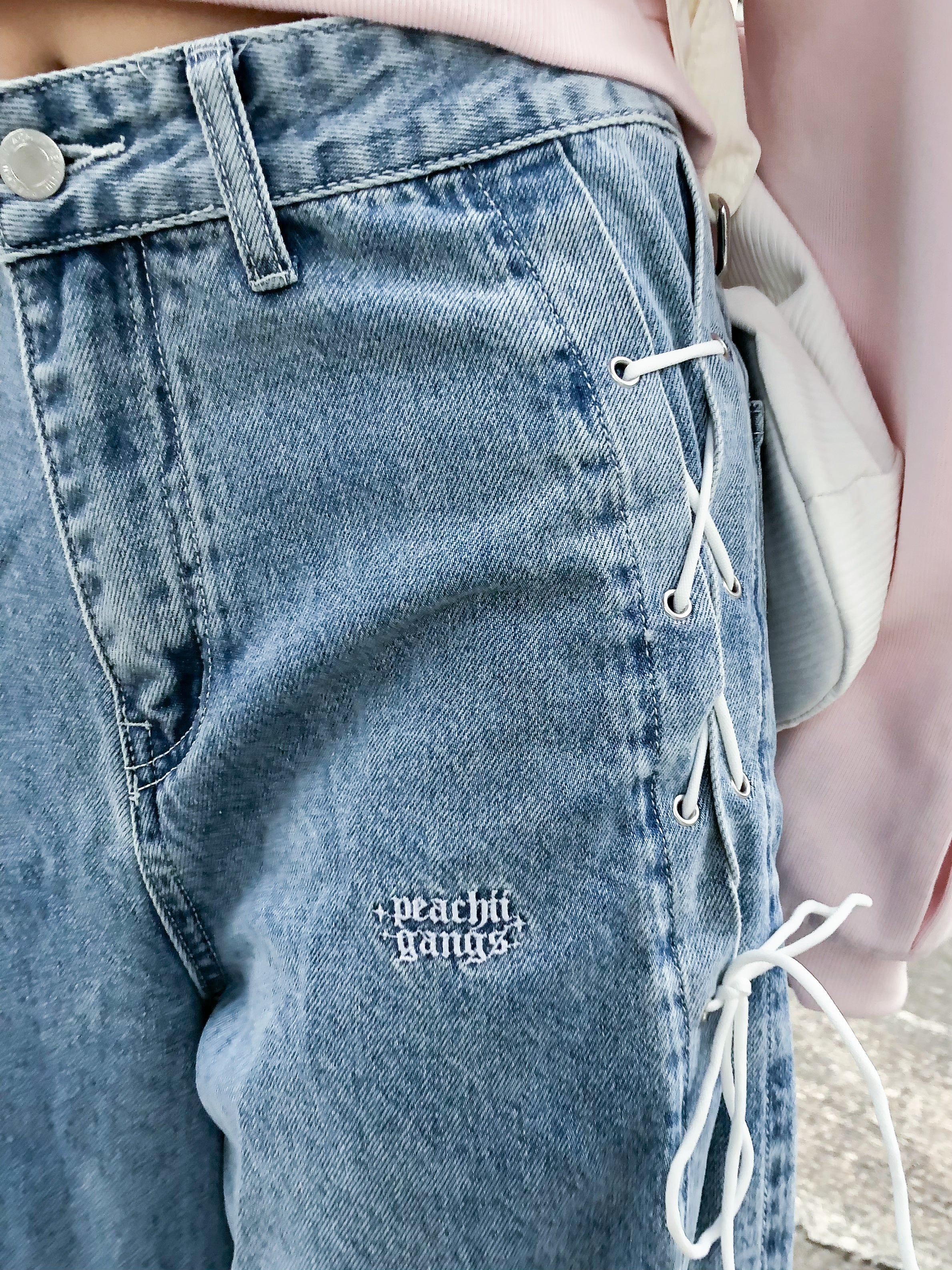 Peachii Denim Embroidery Pants Blue EA6089
