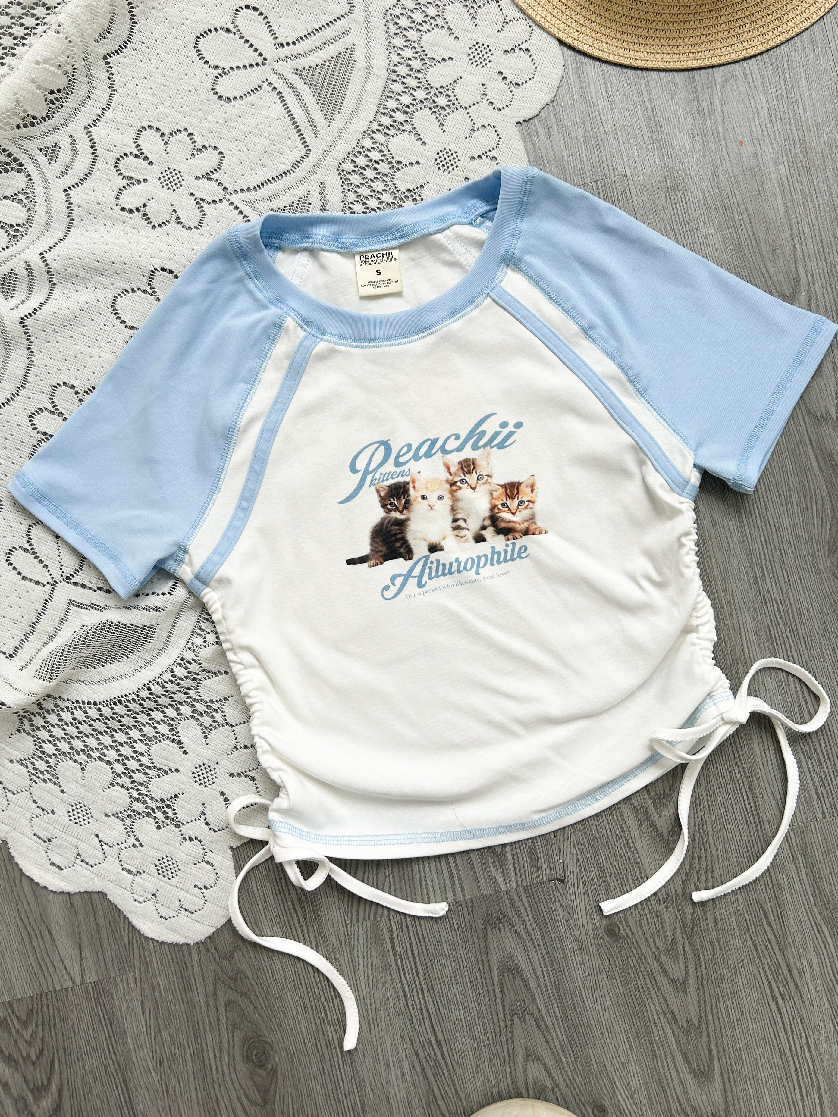 Peachii Vintage Cat's Graphic Tee Blue Ea1219