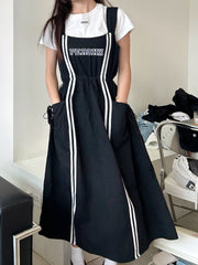 【買一送一】Peachii Casual  solid Drawstring Pleased Suspenders Midi Dress Black EA2396