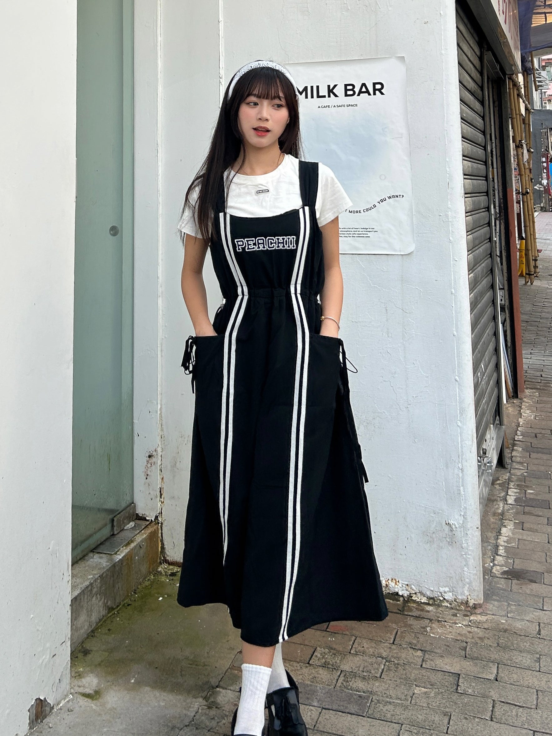 【買一送一】Peachii Casual  solid Drawstring Pleased Suspenders Midi Dress Black EA2396