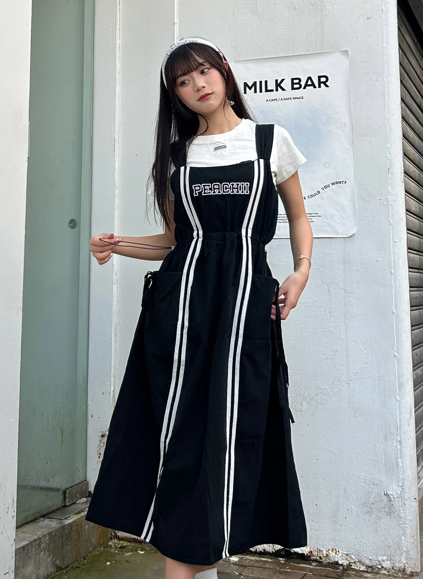 【買一送一】Peachii Casual  solid Drawstring Pleased Suspenders Midi Dress Black EA2396