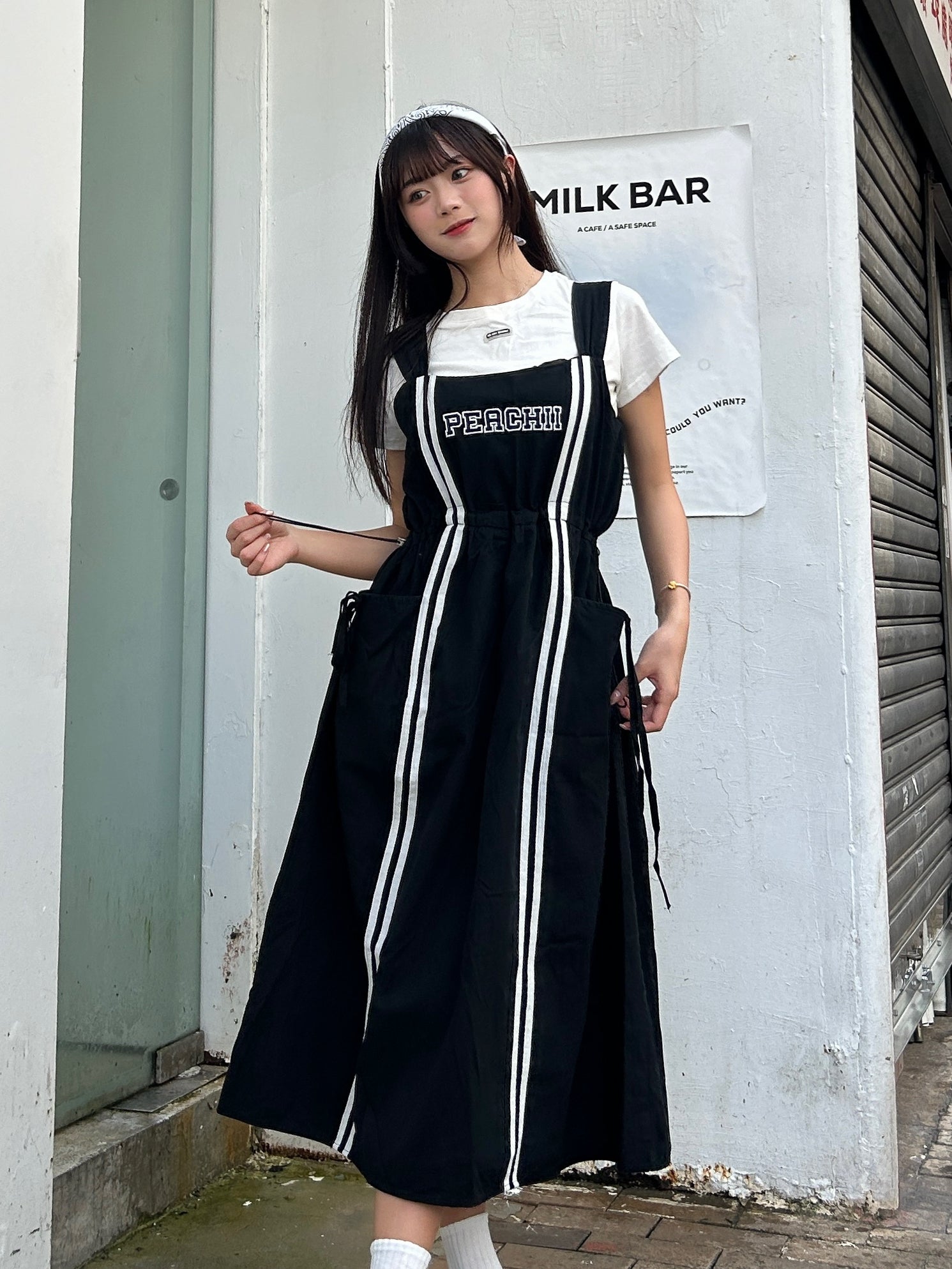 【買一送一】Peachii Casual  solid Drawstring Pleased Suspenders Midi Dress Black EA2396