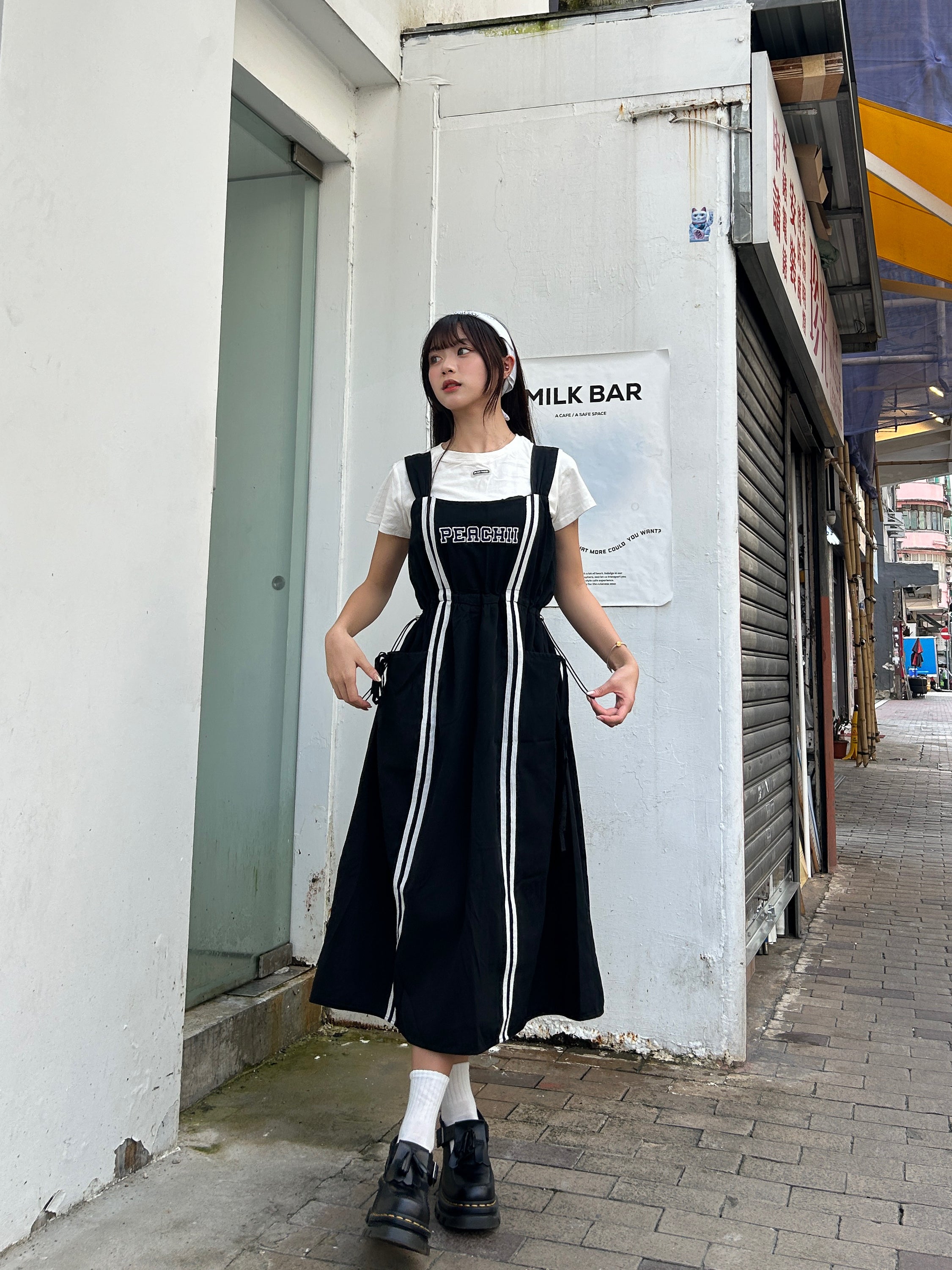 【買一送一】Peachii Casual  solid Drawstring Pleased Suspenders Midi Dress Black EA2396