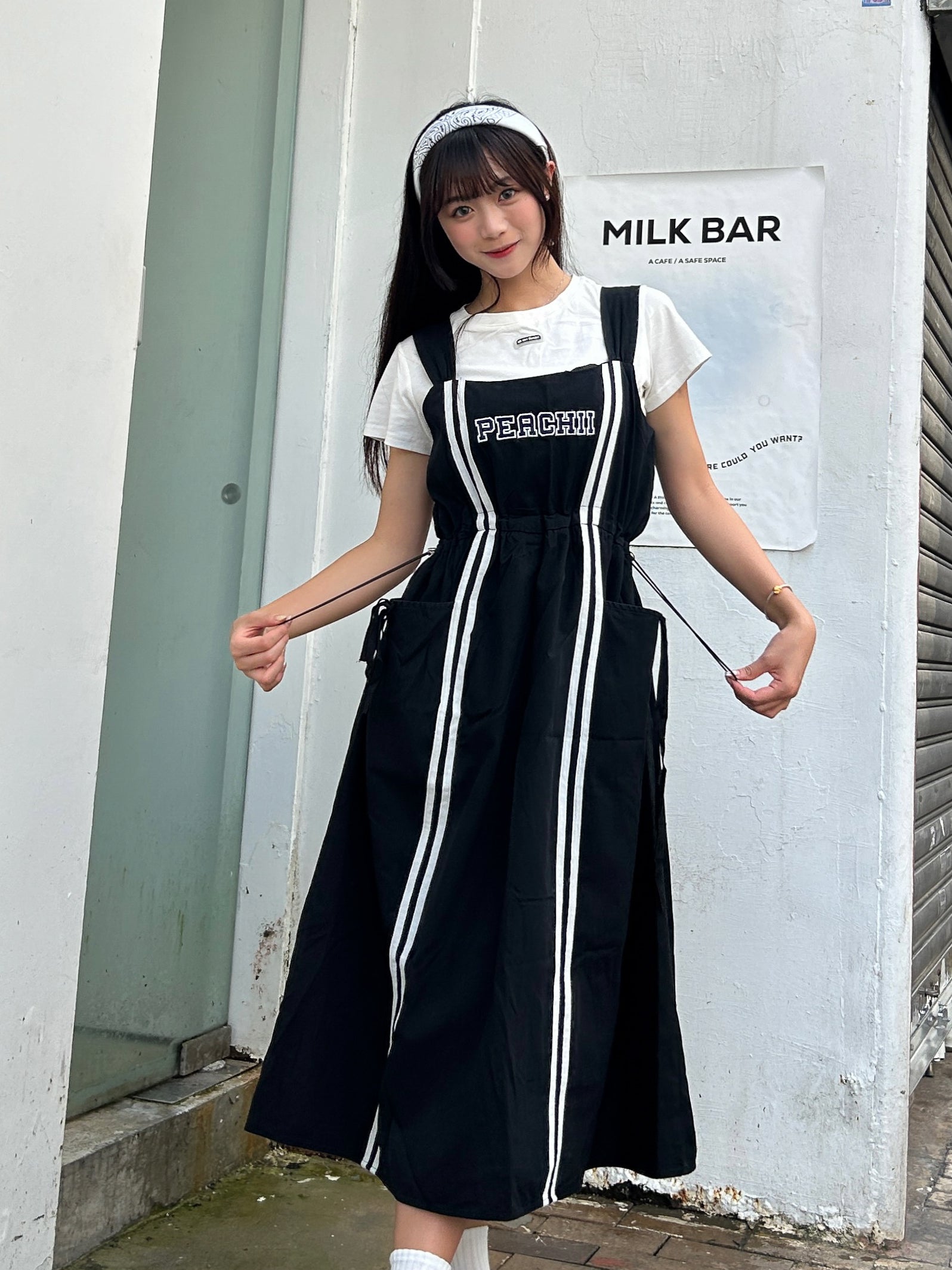 【買一送一】Peachii Casual  solid Drawstring Pleased Suspenders Midi Dress Black EA2396