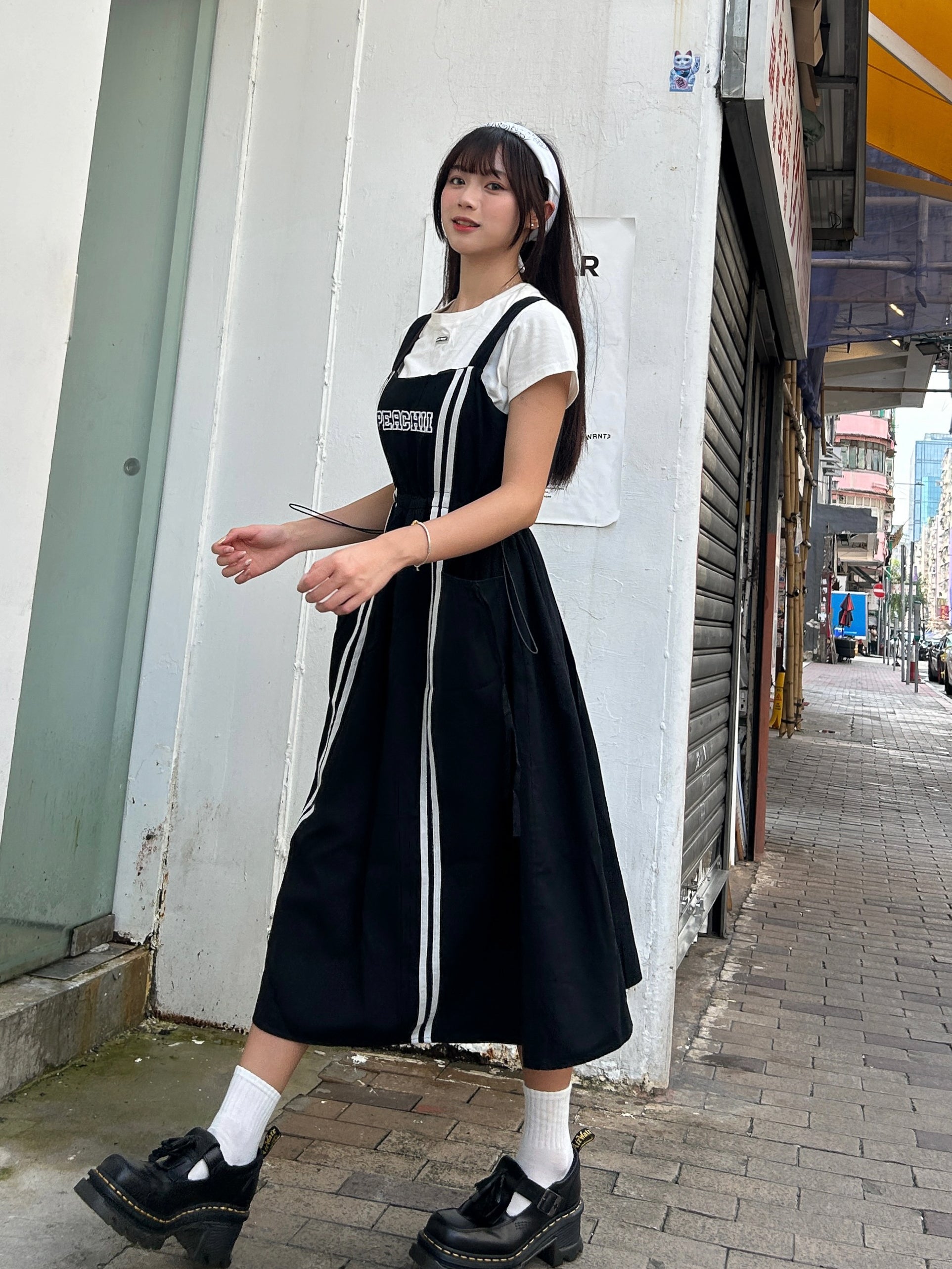 【買一送一】Peachii Casual  solid Drawstring Pleased Suspenders Midi Dress Black EA2396