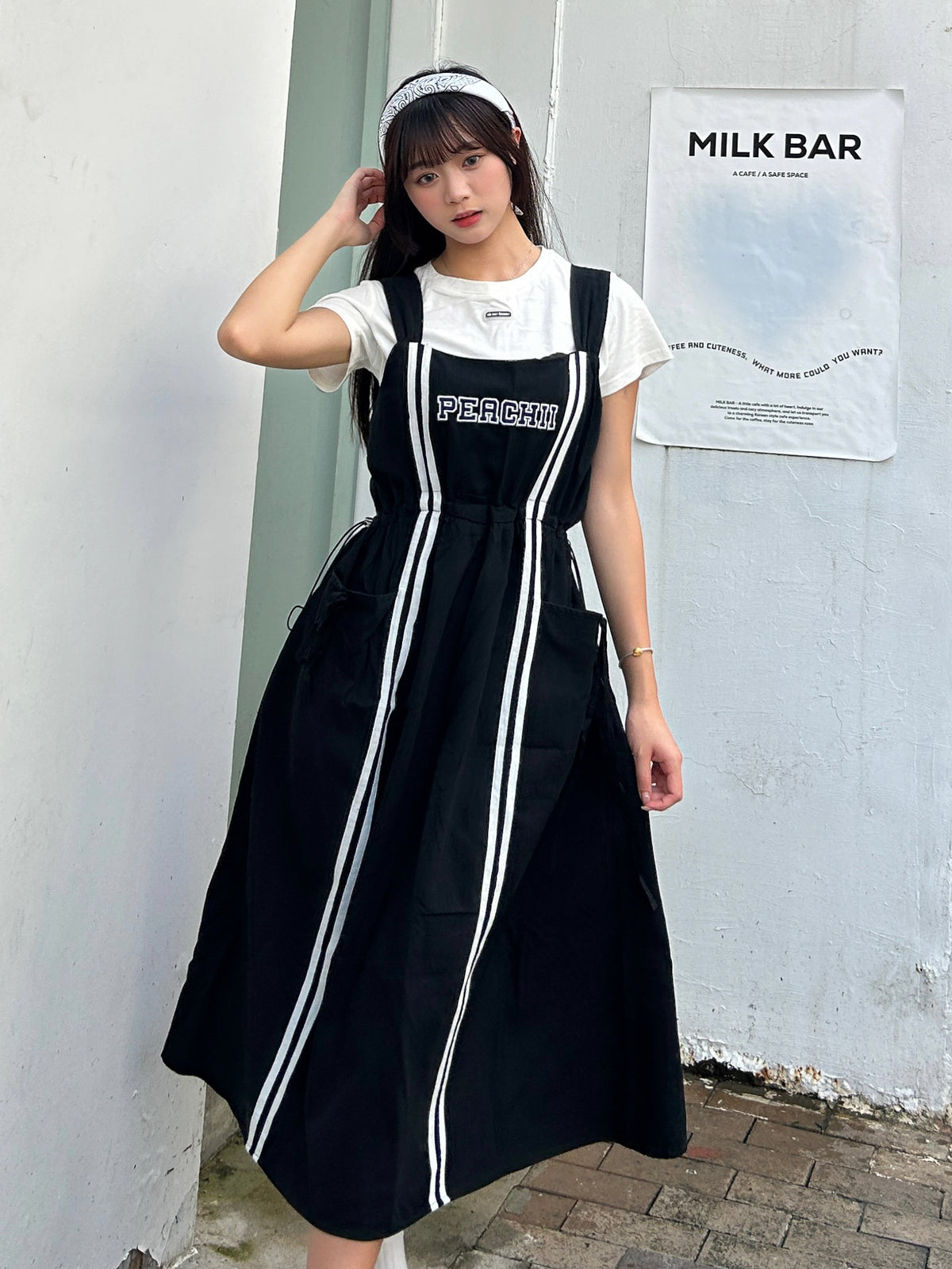 【買一送一】Peachii Casual  solid Drawstring Pleased Suspenders Midi Dress Black EA2396