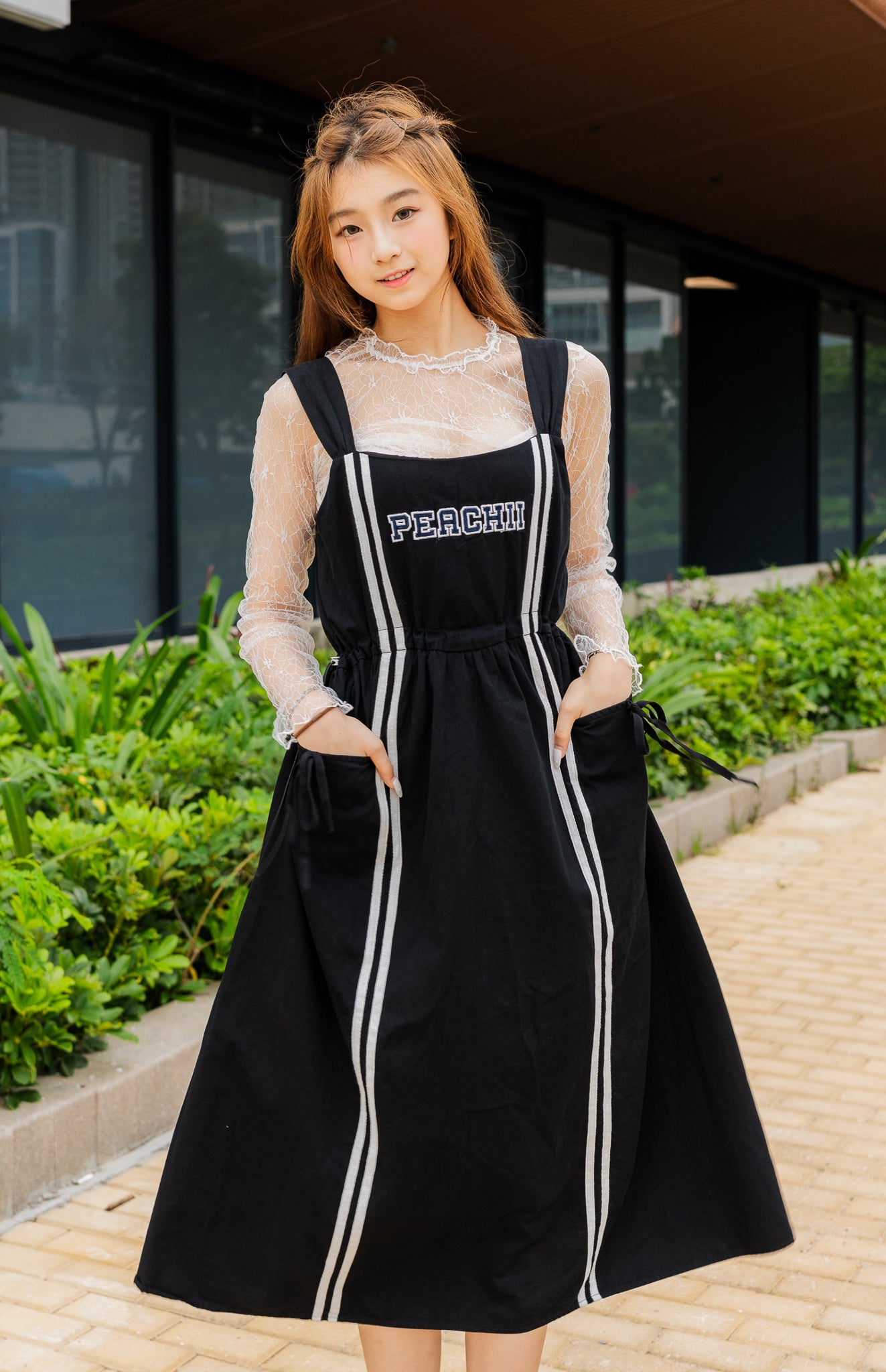 【買一送一】Peachii Casual  solid Drawstring Pleased Suspenders Midi Dress Black EA2396