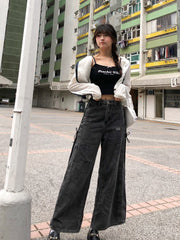 Peachii Denim Embroidery Pants Black EA6089