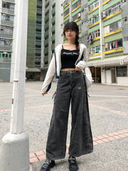 Peachii Denim Embroidery Pants Black EA6089