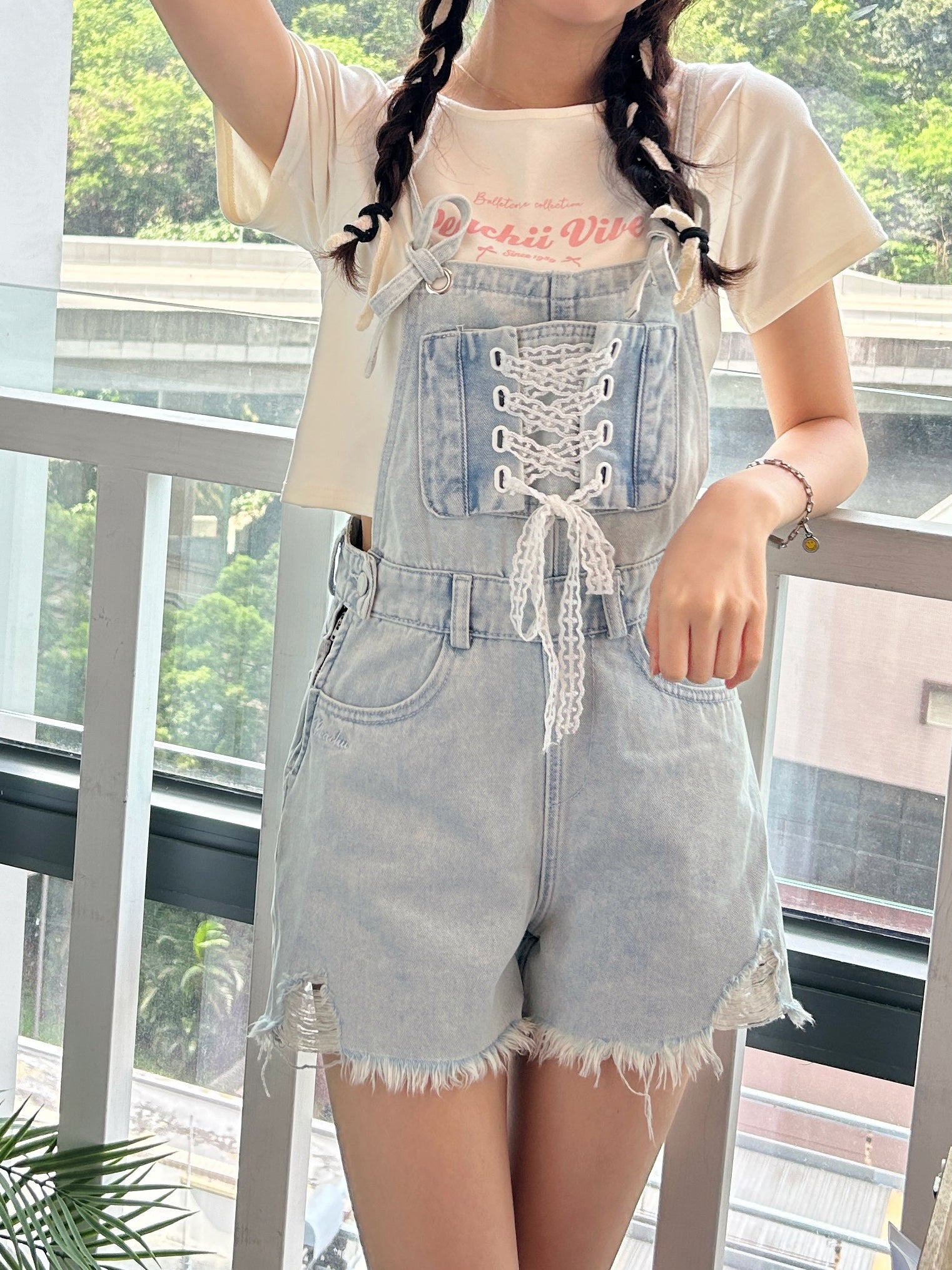 Peachii Laced Stripes Overall Jeans Light Blue EA6062