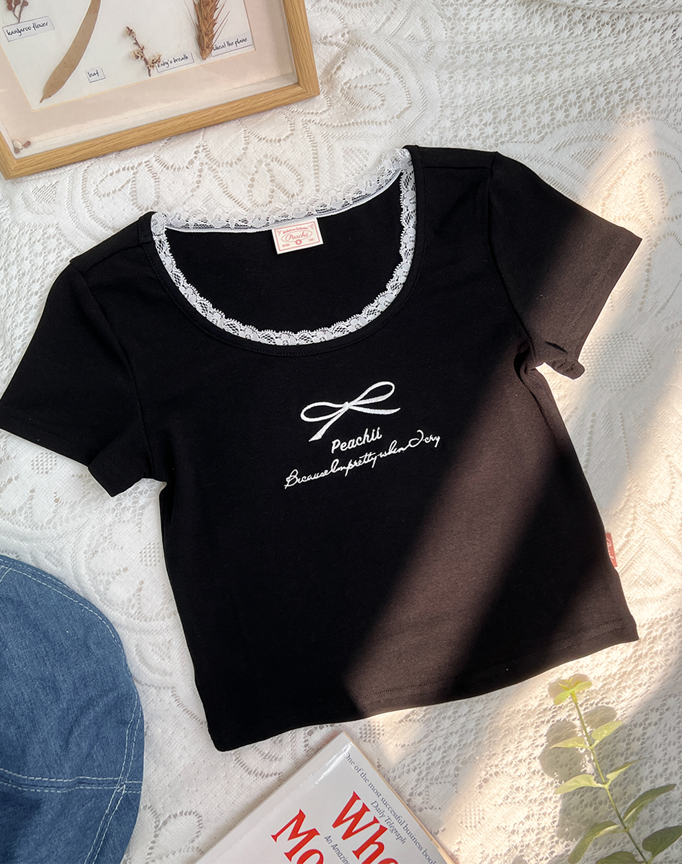 【買一送一】Peachii Embroidered Ribbon Logo Lace Top  Black ea1249