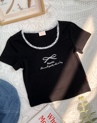 【買一送一】Peachii Embroidered Ribbon Logo Lace Top  Black ea1249