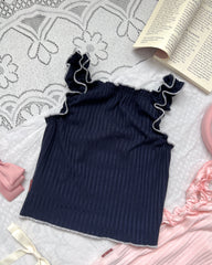 【買一送一】Peachii Iron Plate Logo Ruffles Top Navy EA1250