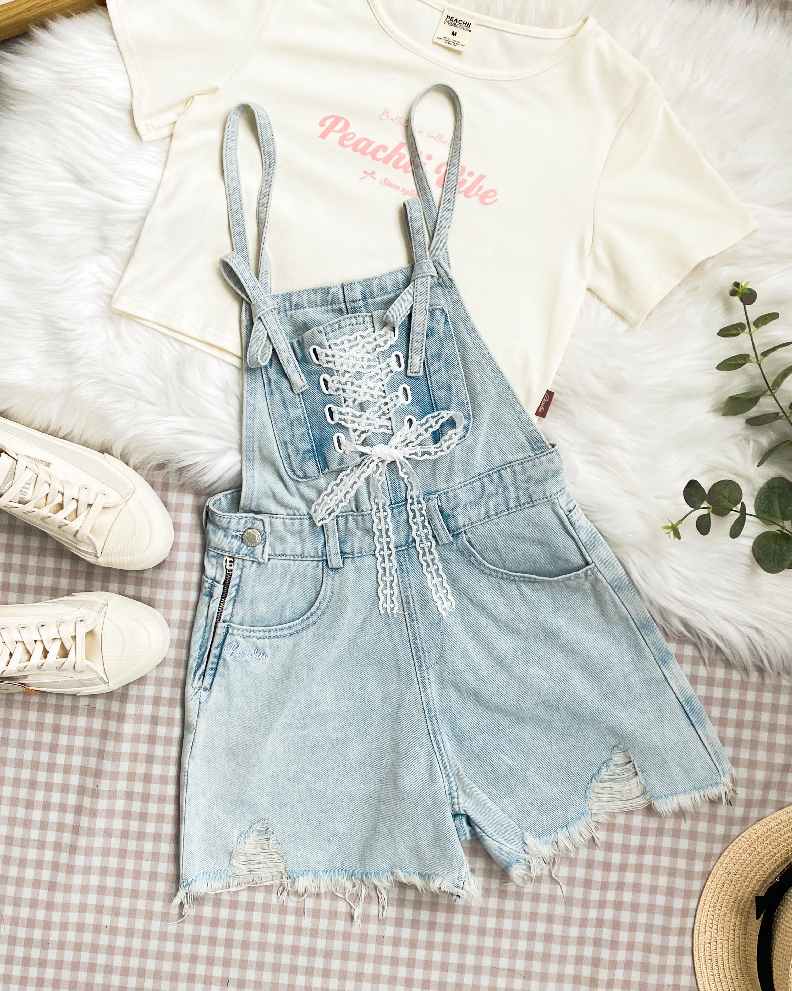 Peachii Laced Stripes Overall Jeans Light Blue EA6062