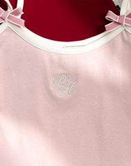 peachii  Embroidered bow strap top pink EA1225