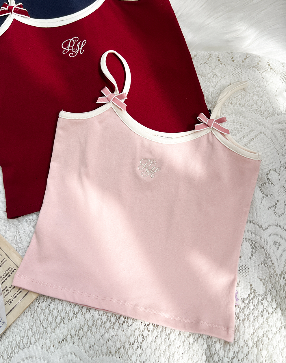 peachii  Embroidered bow strap top pink EA1225