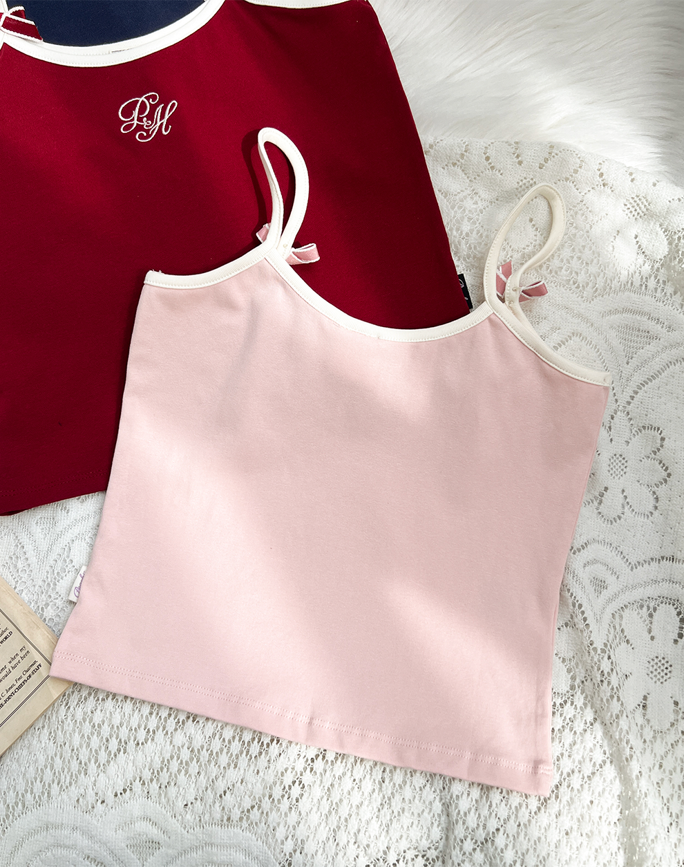 peachii  Embroidered bow strap top pink EA1225