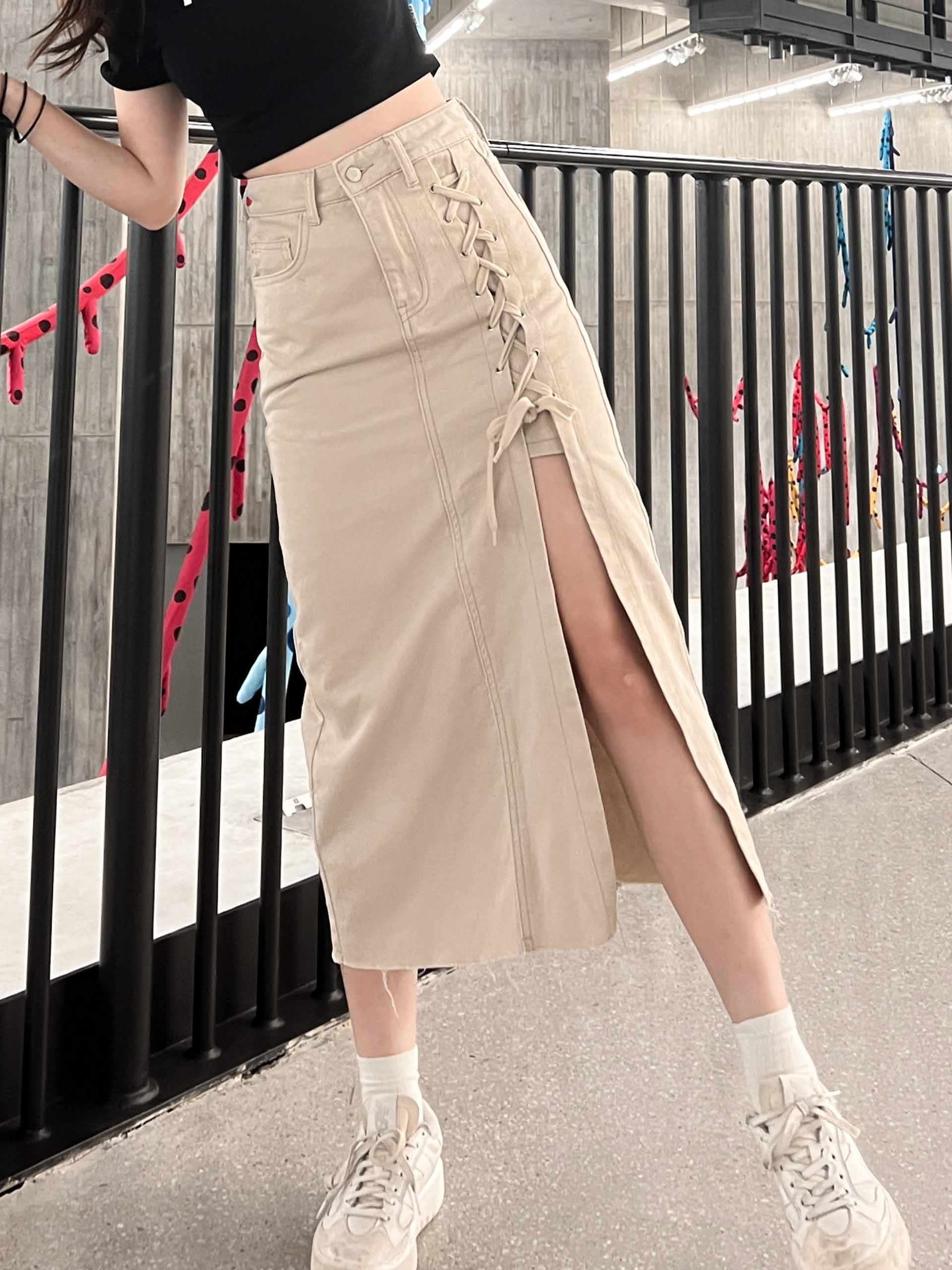 Peachii Side Lace Up Denim Midi Skirt Beige EA4118