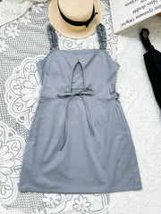 【買一送一】Peachii Lotus Leaf Strap Hollow Mini Dress Grey EA2391