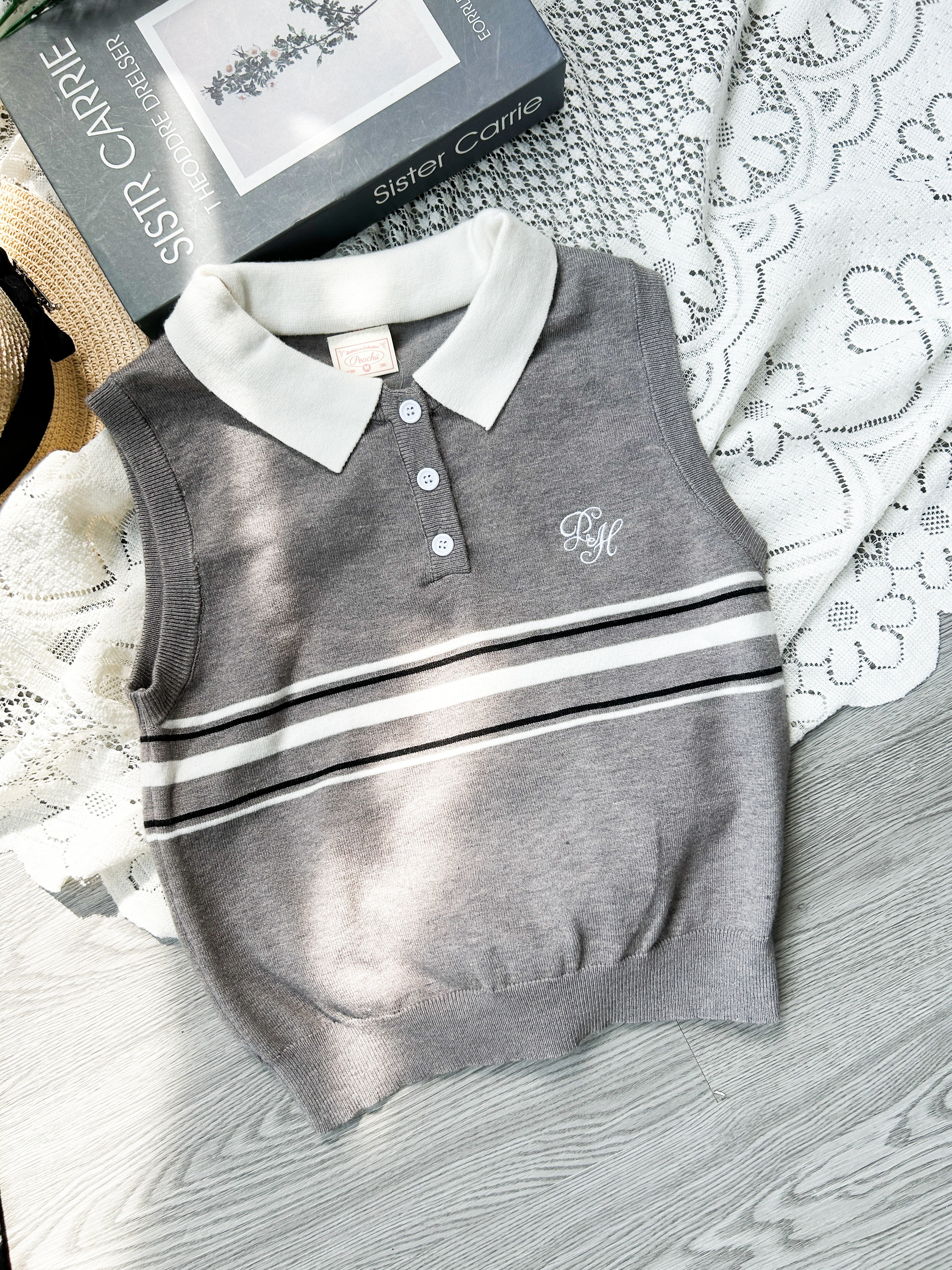 Peachii Knitted Striped Vest Top Grey EA1267