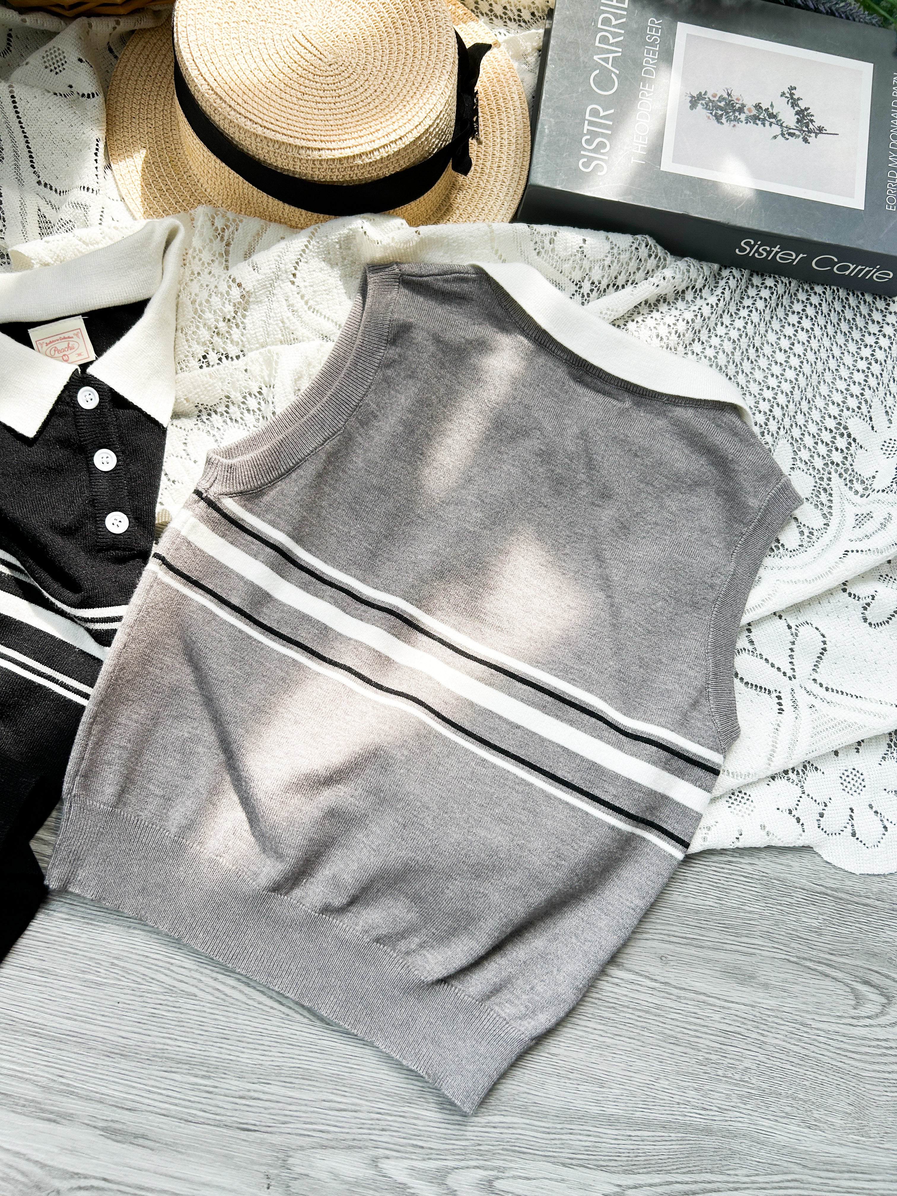 Peachii Knitted Striped Vest Top Grey EA1267
