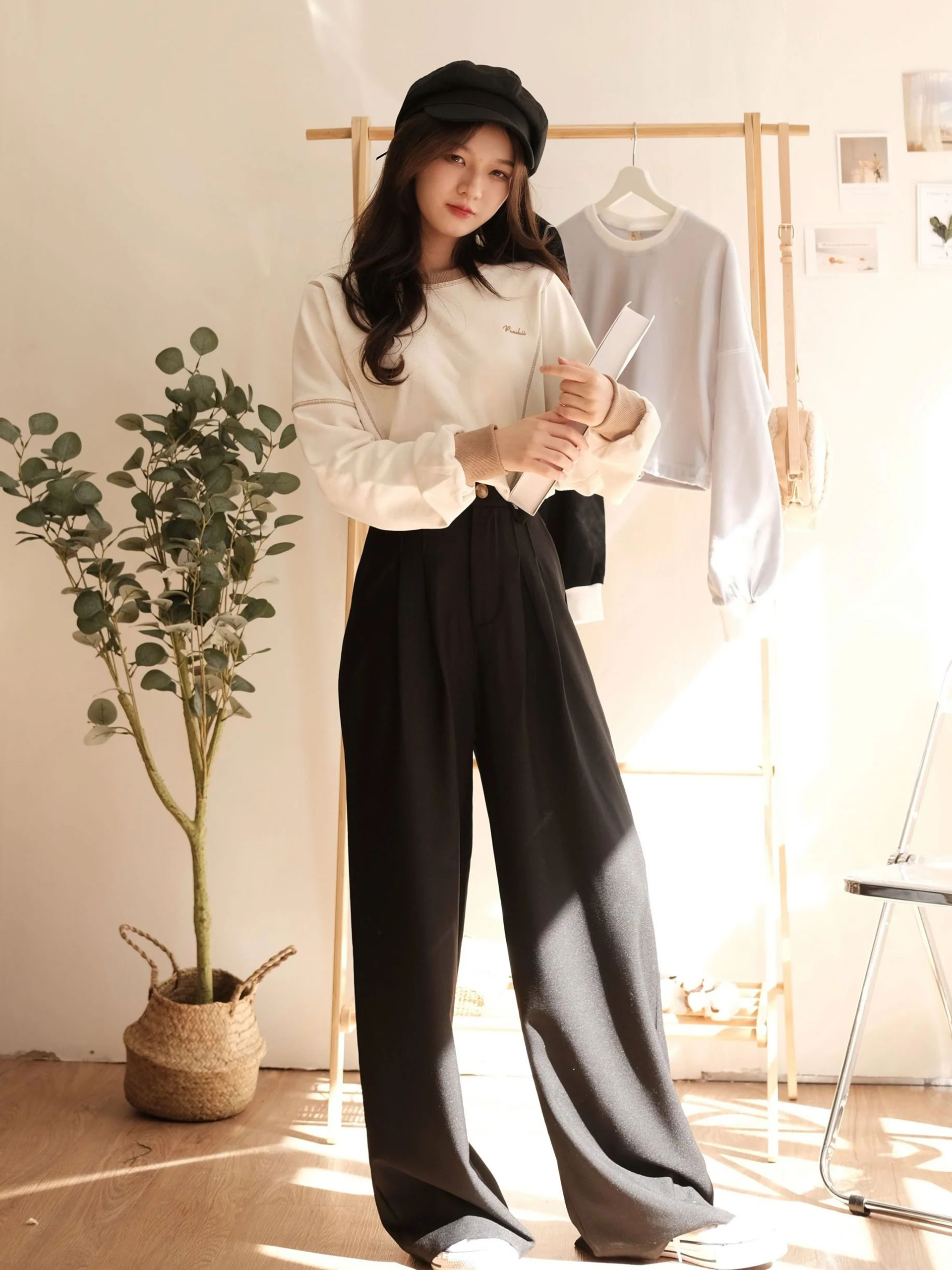 Peachii Wide Leg Suit Pants Black EA6112