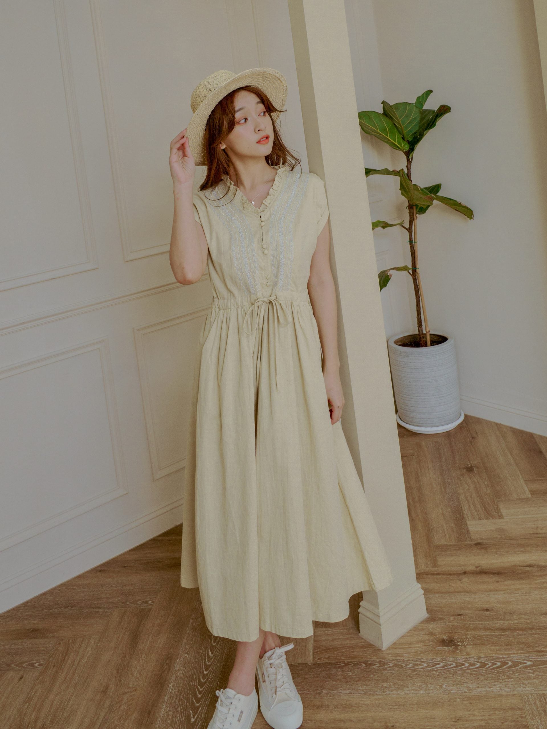 Farmlabel embroidery midi dress Beige FL2703 – SKYMART